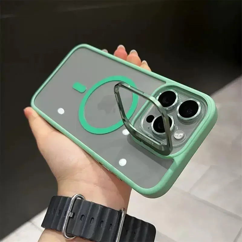 Premium Magnetic Phone Case with Metal Ring Stand For iPhone, Camera Lens Glass Protection, Transparent Back Cover, Magsafe Case
