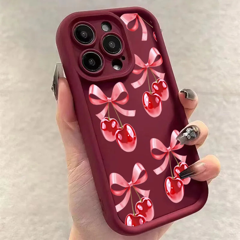 High Quality Silicone Phone Case, Pink Bow and Cherry Blossom, All Around Protection Phone Case, Camera Lens Protection Phone Case