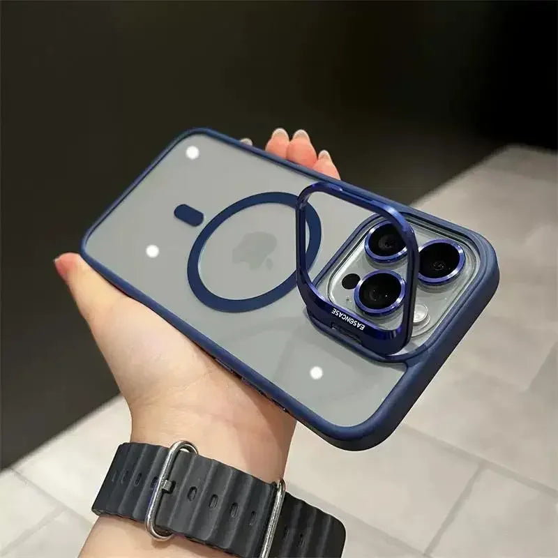 Premium Magnetic Phone Case with Metal Ring Stand For iPhone, Camera Lens Glass Protection, Transparent Back Cover, Magsafe Case