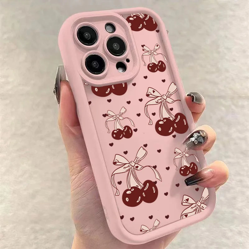 High Quality Silicone Phone Case, Pink Bow and Cherry Blossom, All Around Protection Phone Case, Camera Lens Protection Phone Case