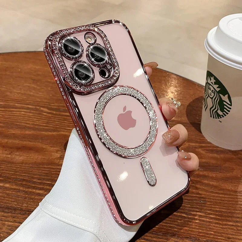 Luxury Crystal Phone Case For iPhone, MagSafe Magnetic and Wireless Charging, Clear Cover, Camera Lens Protection