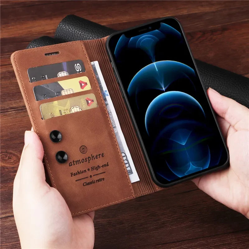 Premium Leather iPhone Case, Magnetic Leather, All Around Protection Phone Case with Card Stand, Shock-proof Resistant