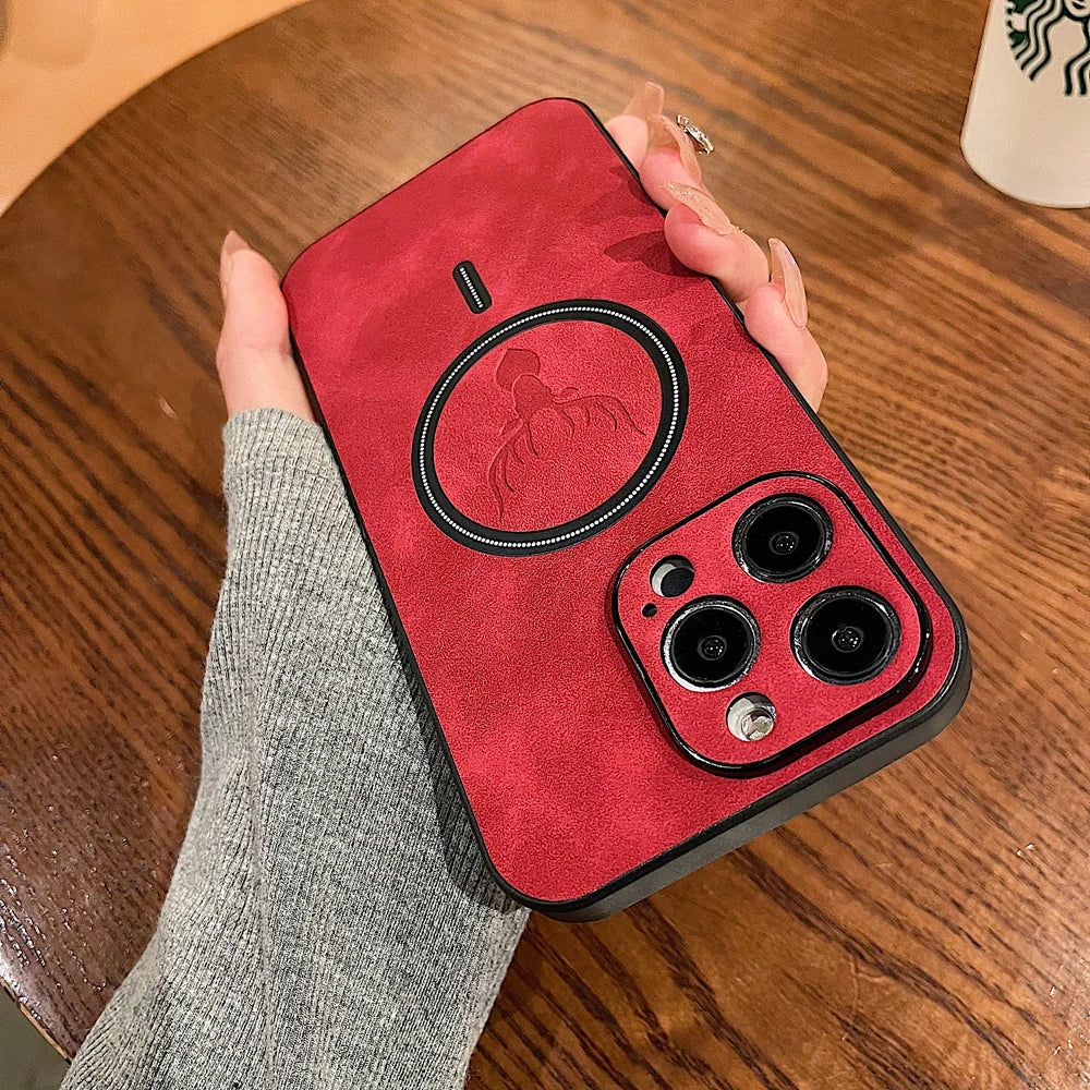 Premium Deer Leather iPhone case, Magnetic Case For iPhone 16 15 14 13 12 11 Pro Max, Wireless Charging Phone Case