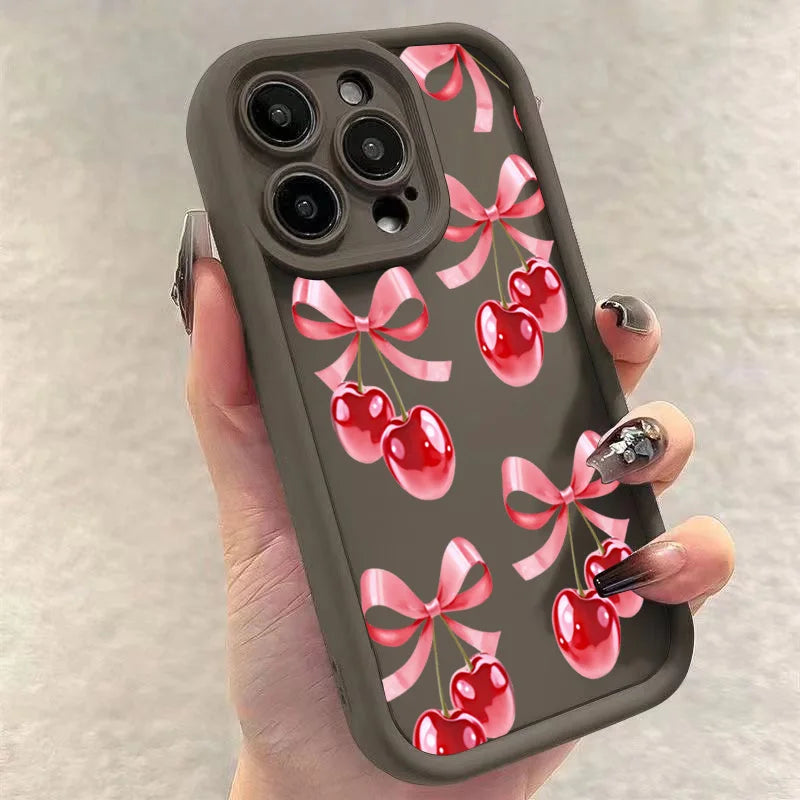 High Quality Silicone Phone Case, Pink Bow and Cherry Blossom, All Around Protection Phone Case, Camera Lens Protection Phone Case