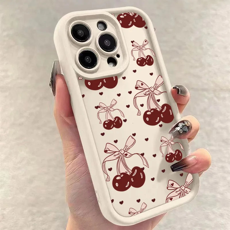 High Quality Silicone Phone Case, Pink Bow and Cherry Blossom, All Around Protection Phone Case, Camera Lens Protection Phone Case