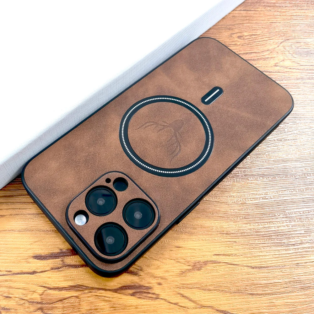 Luxury Deer Leather Case For iPhone, MagSafe Wireless Charging, Full Cover, Camera Lens Protection.