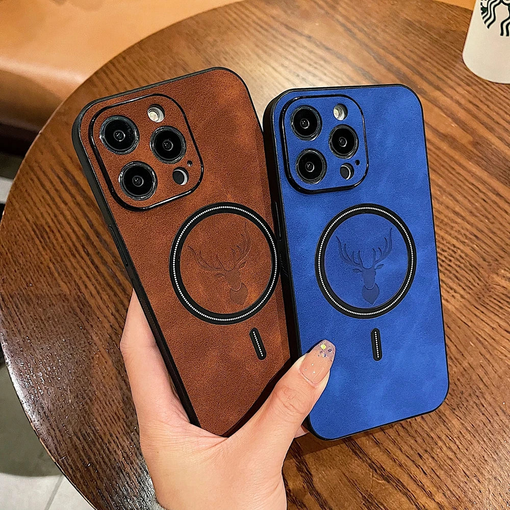 Premium Deer Leather iPhone case, Magnetic Case For iPhone 16 15 14 13 12 11 Pro Max, Wireless Charging Phone Case