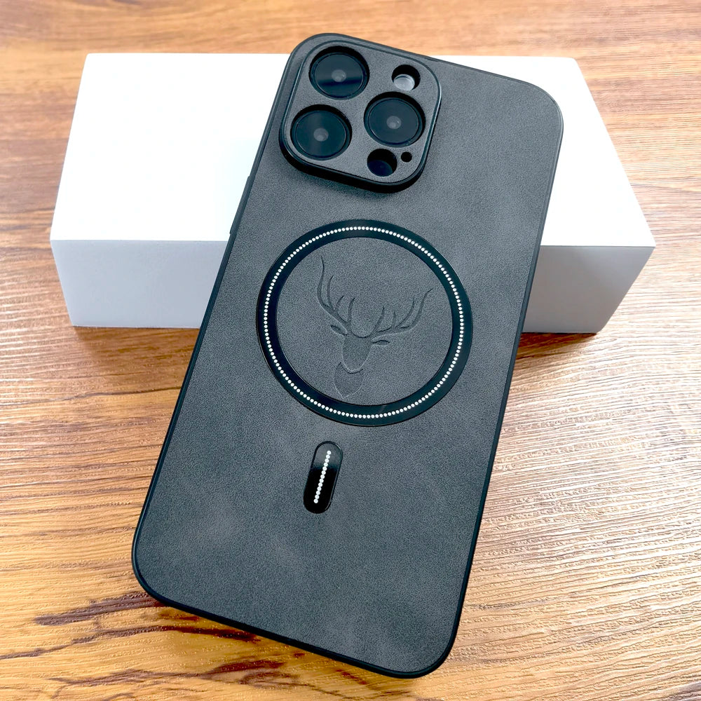 Luxury Deer Leather Case For iPhone, MagSafe Wireless Charging, Full Cover, Camera Lens Protection.