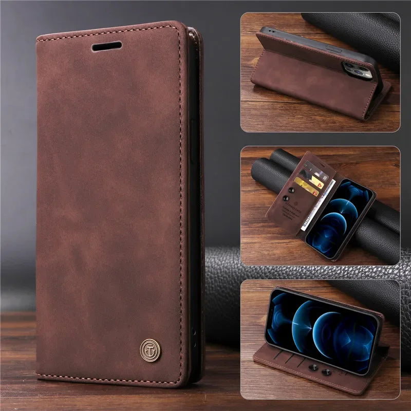 Premium Leather iPhone Case, Magnetic Leather, All Around Protection Phone Case with Card Stand, Shock-proof Resistant