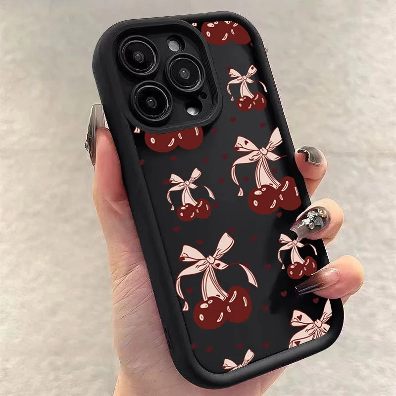 High Quality Silicone Phone Case, Pink Bow and Cherry Blossom, All Around Protection Phone Case, Camera Lens Protection Phone Case