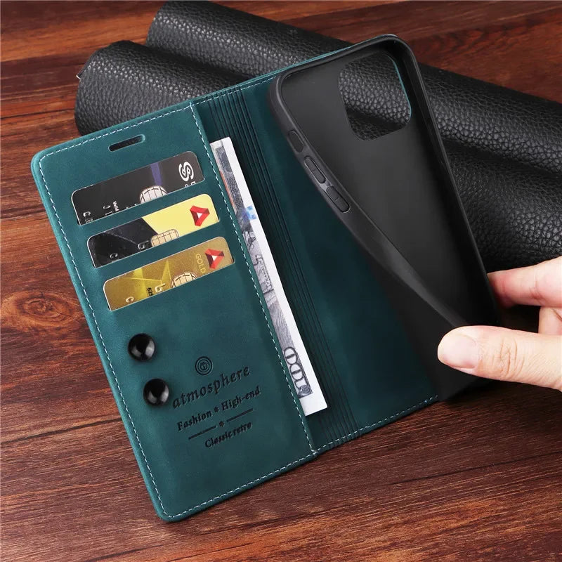 Premium Leather iPhone Case, Magnetic Leather, All Around Protection Phone Case with Card Stand, Shock-proof Resistant