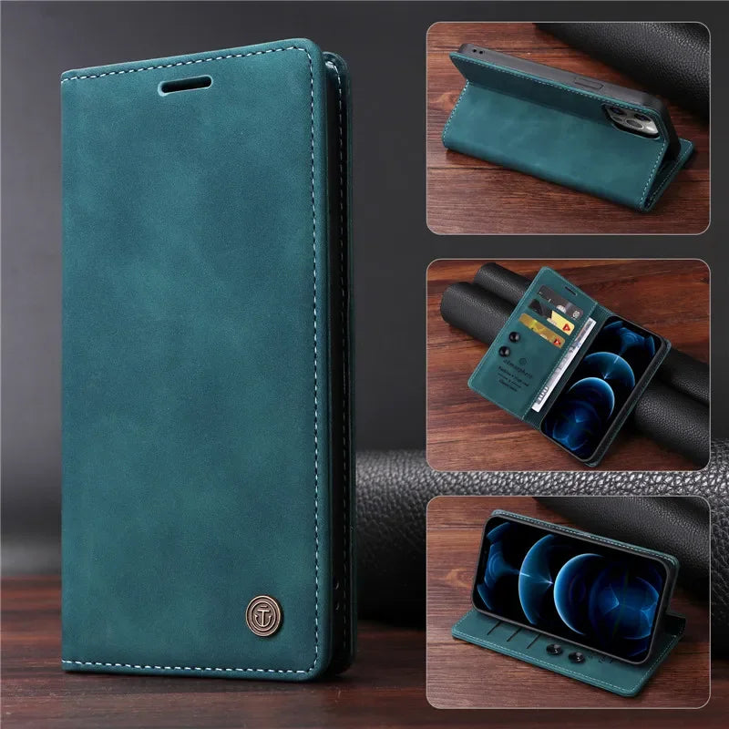 Premium Leather iPhone Case, Magnetic Leather, All Around Protection Phone Case with Card Stand, Shock-proof Resistant