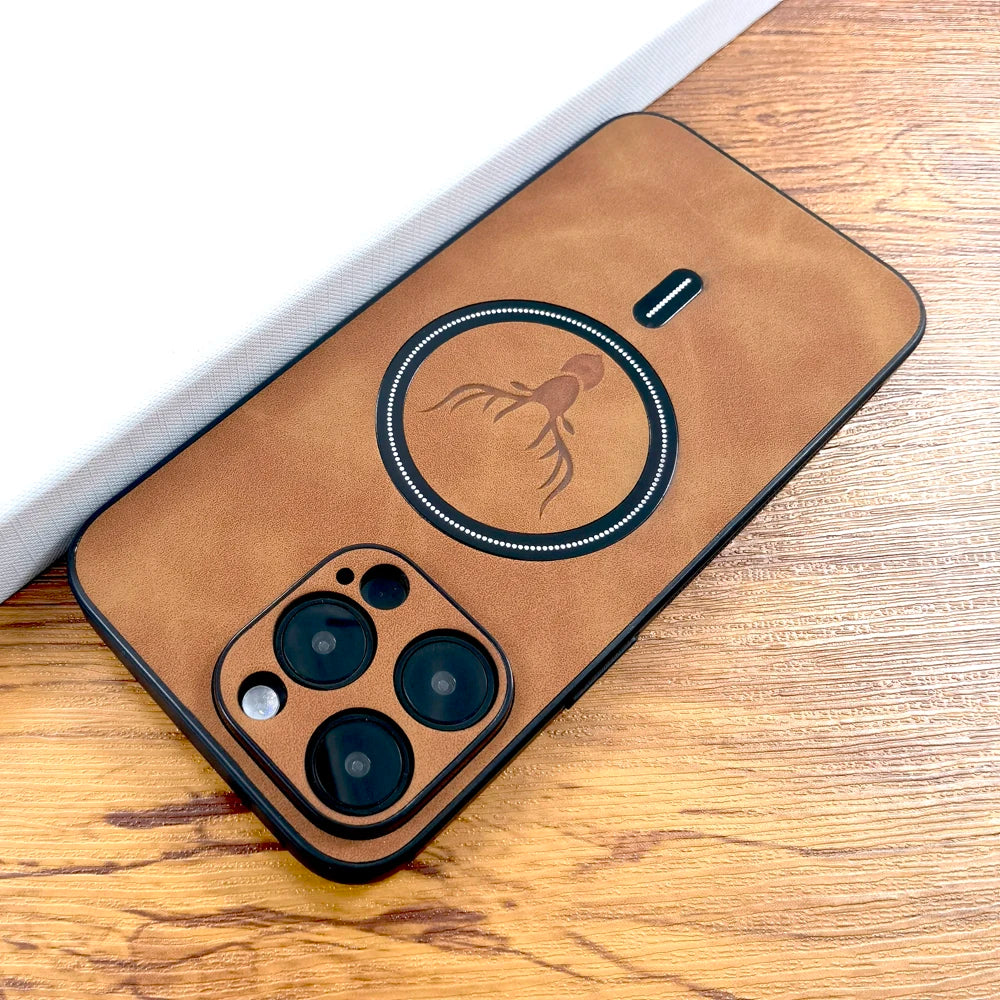 Luxury Deer Leather Case For iPhone, MagSafe Wireless Charging, Full Cover, Camera Lens Protection.