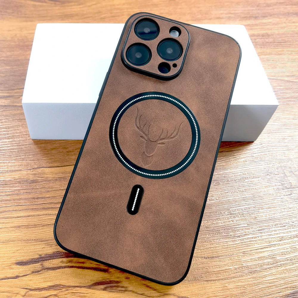 Luxury Deer Leather Case For iPhone, MagSafe Wireless Charging, Full Cover, Camera Lens Protection.