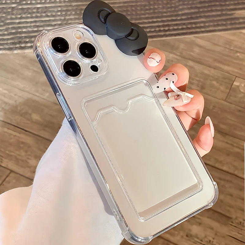 High Quality Silicone Phone Case, 3D Black Bow, Clear Phone Case with Wallet Card Pocket