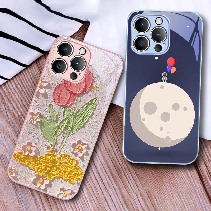 Luxury Glass Case for iPhone, Tempered Glass Phone Case, Camera Lens Protection Phone Case