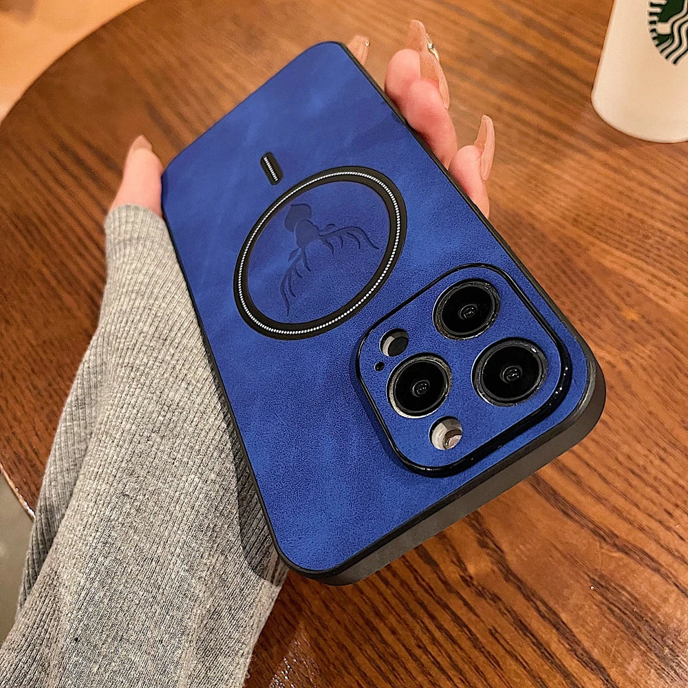 Premium Deer Leather iPhone case, Magnetic Case For iPhone 16 15 14 13 12 11 Pro Max, Wireless Charging Phone Case