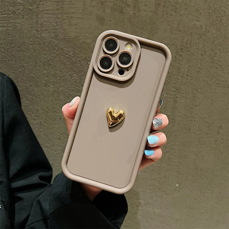Premium 3D Gold Heart Silicone Phone Case For iPhone, Shockproof Resistant, Matte Cover, Camera Lens Protection