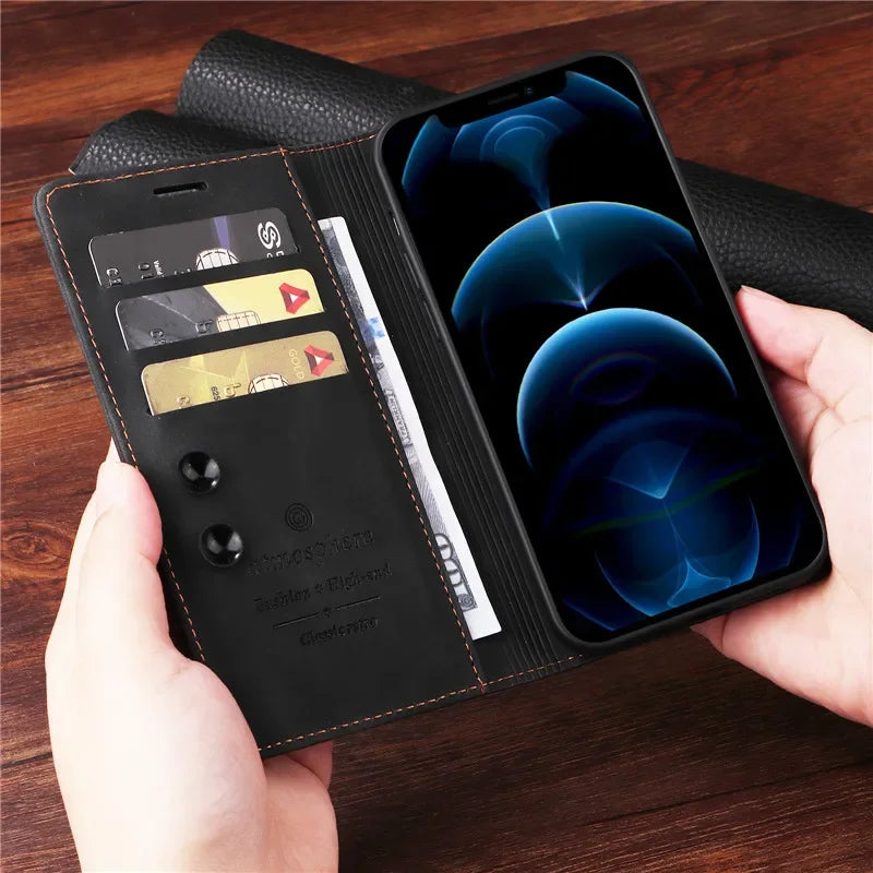 Premium Leather iPhone Case, Magnetic Leather, All Around Protection Phone Case with Card Stand, Shock-proof Resistant