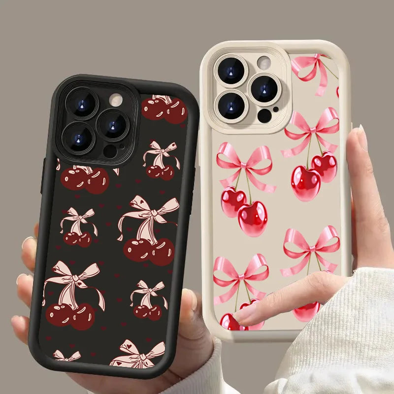 High Quality Silicone Phone Case, Pink Bow and Cherry Blossom, All Around Protection Phone Case, Camera Lens Protection Phone Case