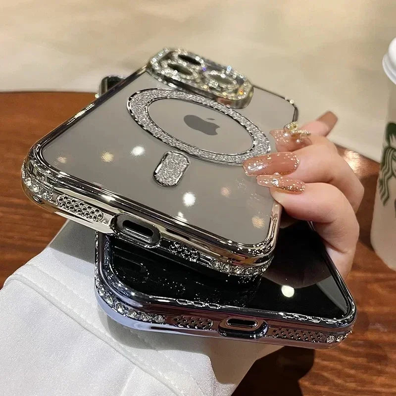 Luxury Crystal Phone Case For iPhone, MagSafe Magnetic and Wireless Charging, Clear Cover, Camera Lens Protection