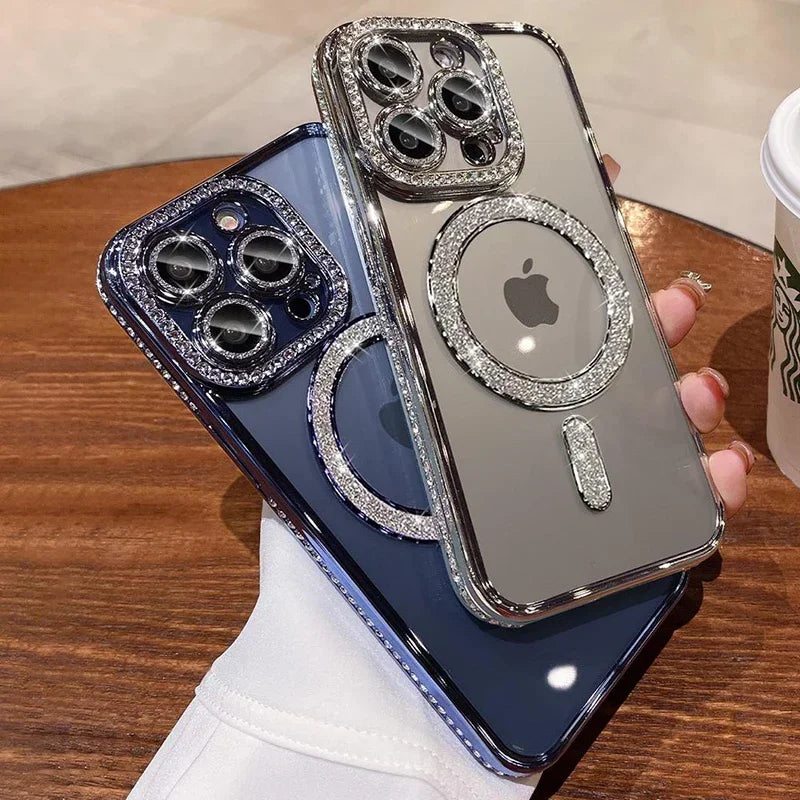 Luxury Crystal Phone Case For iPhone, MagSafe Magnetic and Wireless Charging, Clear Cover, Camera Lens Protection
