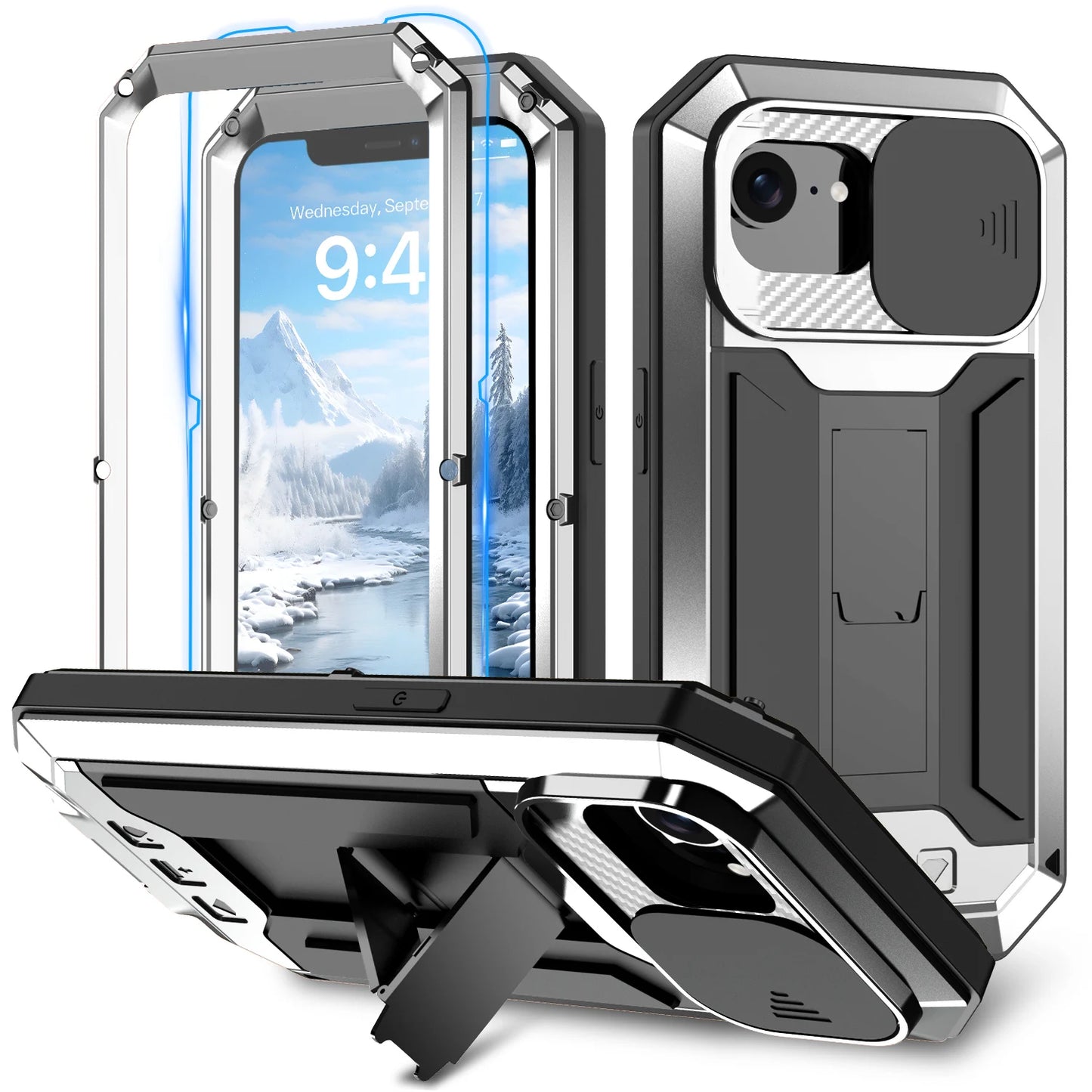 Premium Heavy Duty Shockproof Case for iPhone with Kickstand Screen Tempered Glass Metal Protection Case