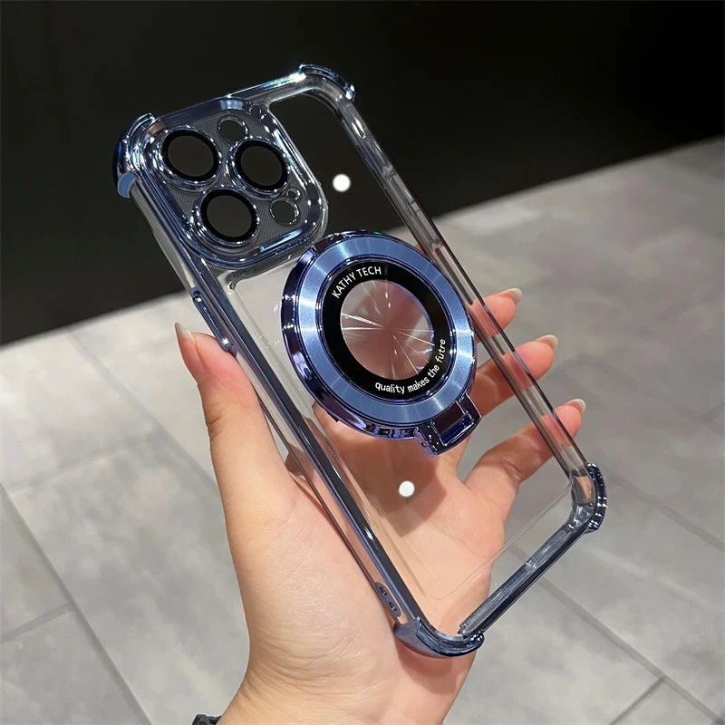 Premium Wireless Charging Case with Ring Bracket, Transparent Case with Magnetic Bumper Cover