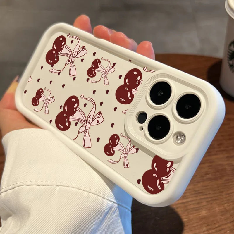 High Quality Silicone Phone Case, Pink Bow and Cherry Blossom, All Around Protection Phone Case, Camera Lens Protection Phone Case