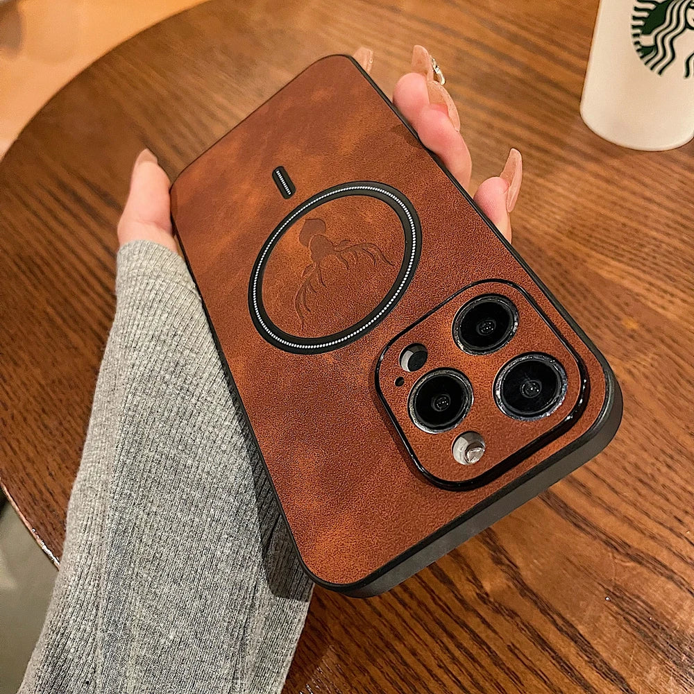 Premium Deer Leather iPhone case, Magnetic Case For iPhone 16 15 14 13 12 11 Pro Max, Wireless Charging Phone Case