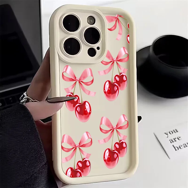 High Quality Silicone Phone Case, Pink Bow and Cherry Blossom, All Around Protection Phone Case, Camera Lens Protection Phone Case