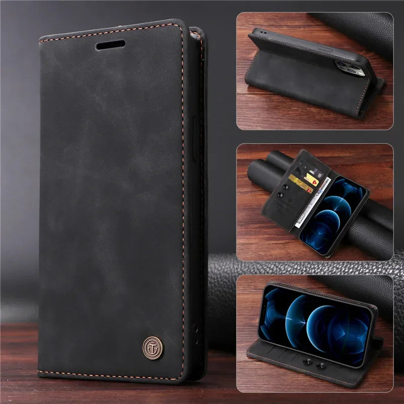 Premium Leather iPhone Case, Magnetic Leather, All Around Protection Phone Case with Card Stand, Shock-proof Resistant