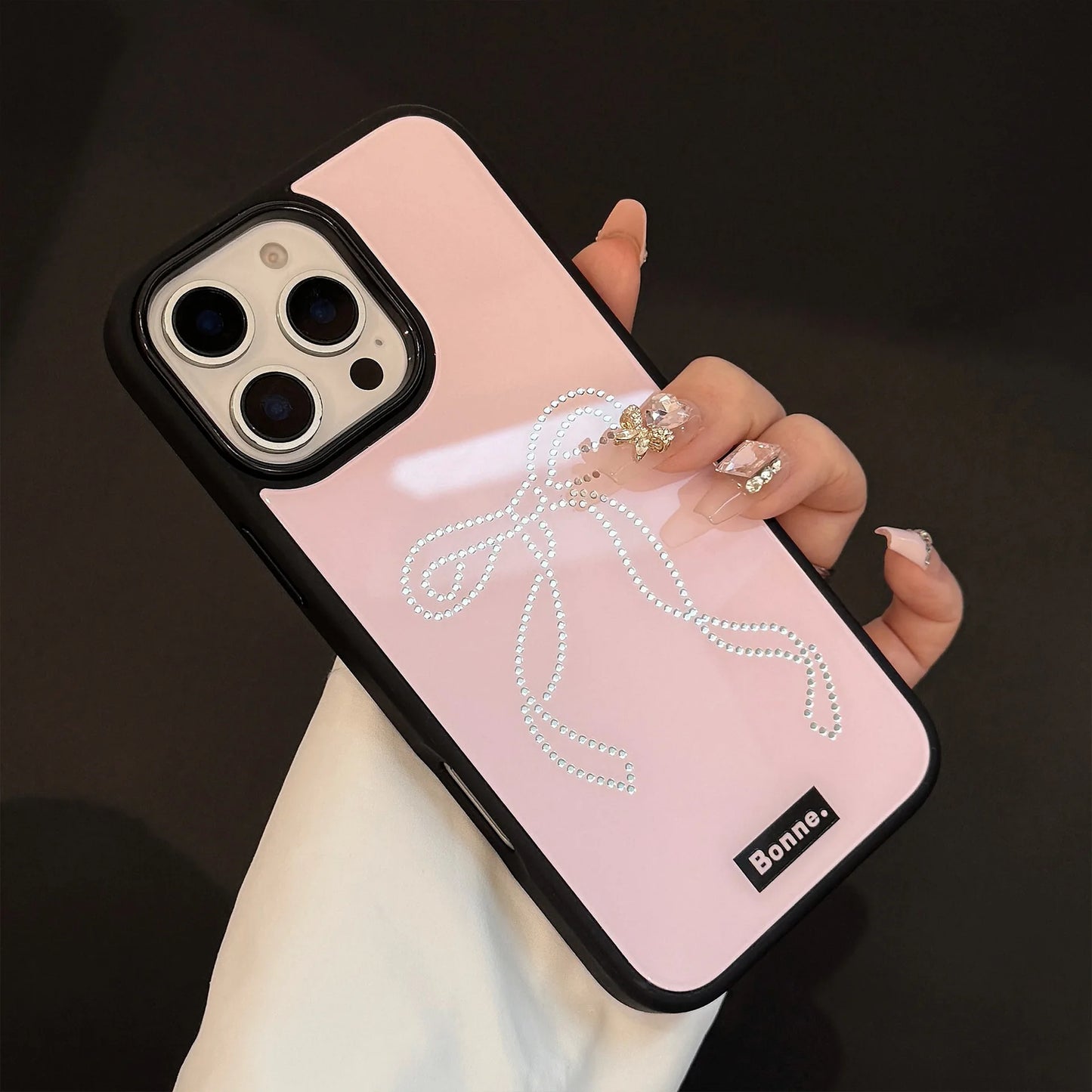 High Quality Glossy Pink Phone Case for iPhone, Shockproof Resistant, Bow Design, Hard Cover Phone Case