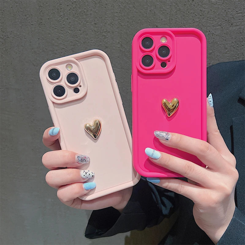 High Quality Gold Heart Silicone Case For iPhone, 3D Design With Camera Protection, Unique Colors, Shockproof Resistant