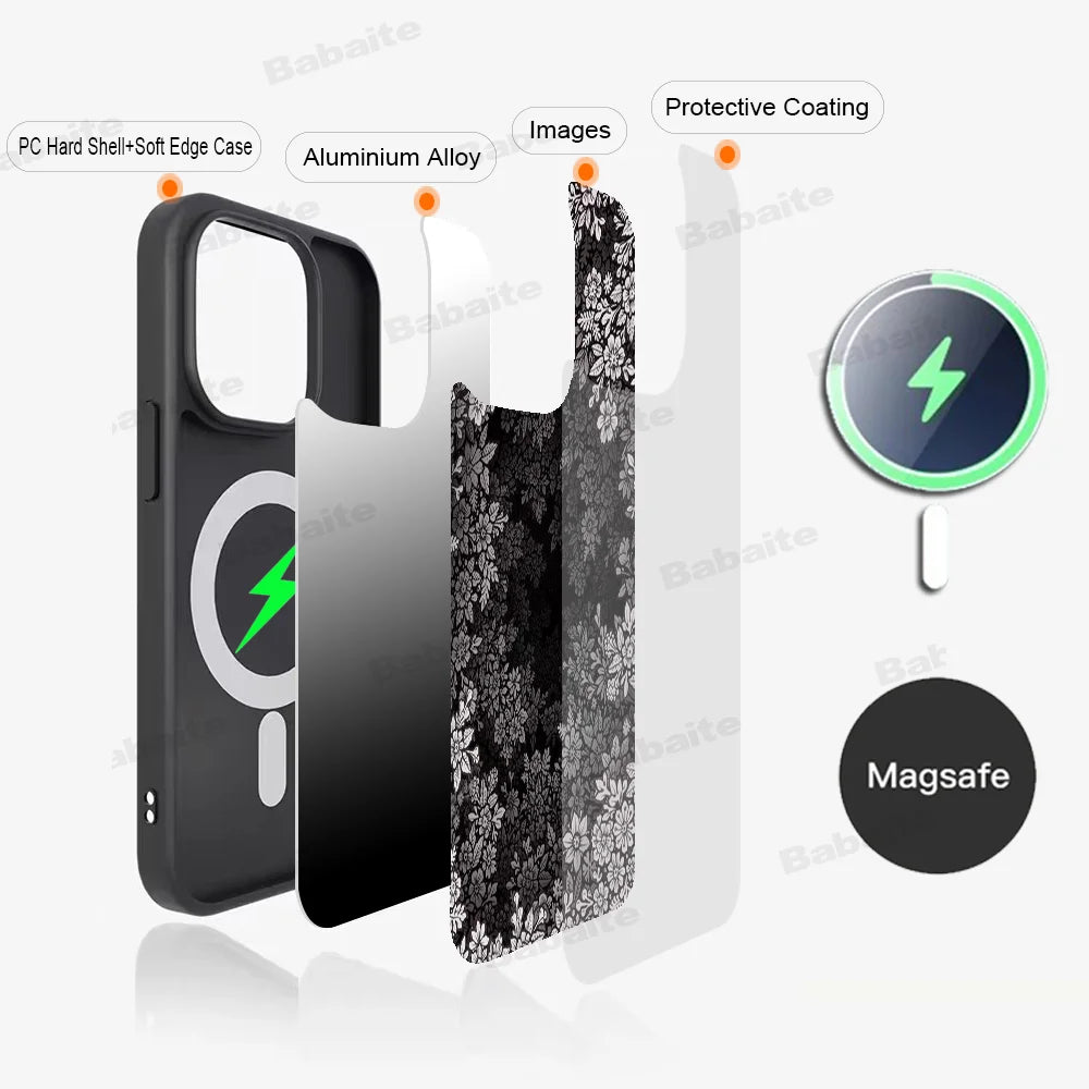 Unique Flower Design Phone Case for iPhone, Mag Safe Magnetic Wireless Charge Case For iPhone