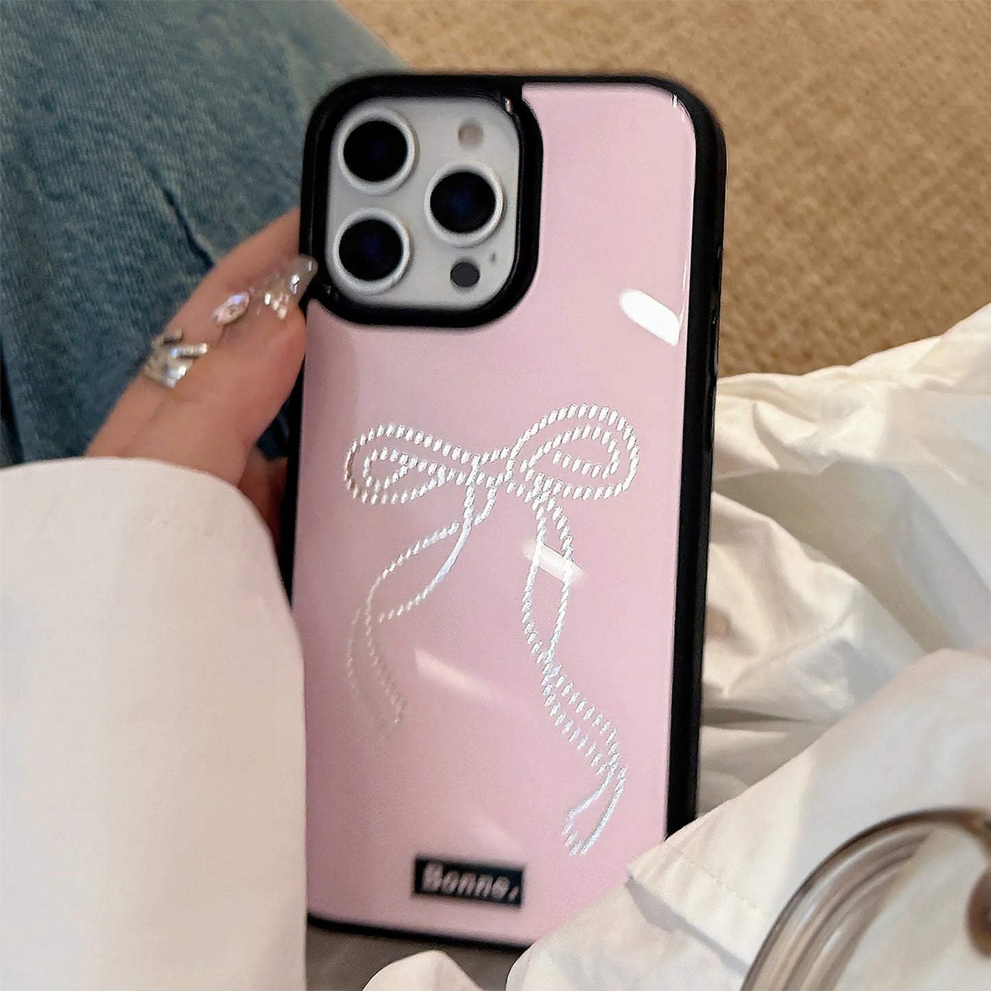 High Quality Glossy Pink Phone Case for iPhone, Shockproof Resistant, Bow Design, Hard Cover Phone Case