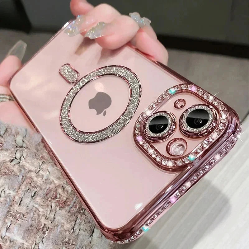 Luxury Crystal Phone Case For iPhone, MagSafe Magnetic and Wireless Charging, Clear Cover, Camera Lens Protection