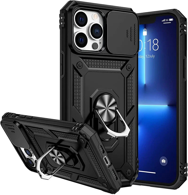 Military Grade Armor Case for iPhone, Magnetic Car Holder with Slide Camera Cover, All Around Protection Phone Case