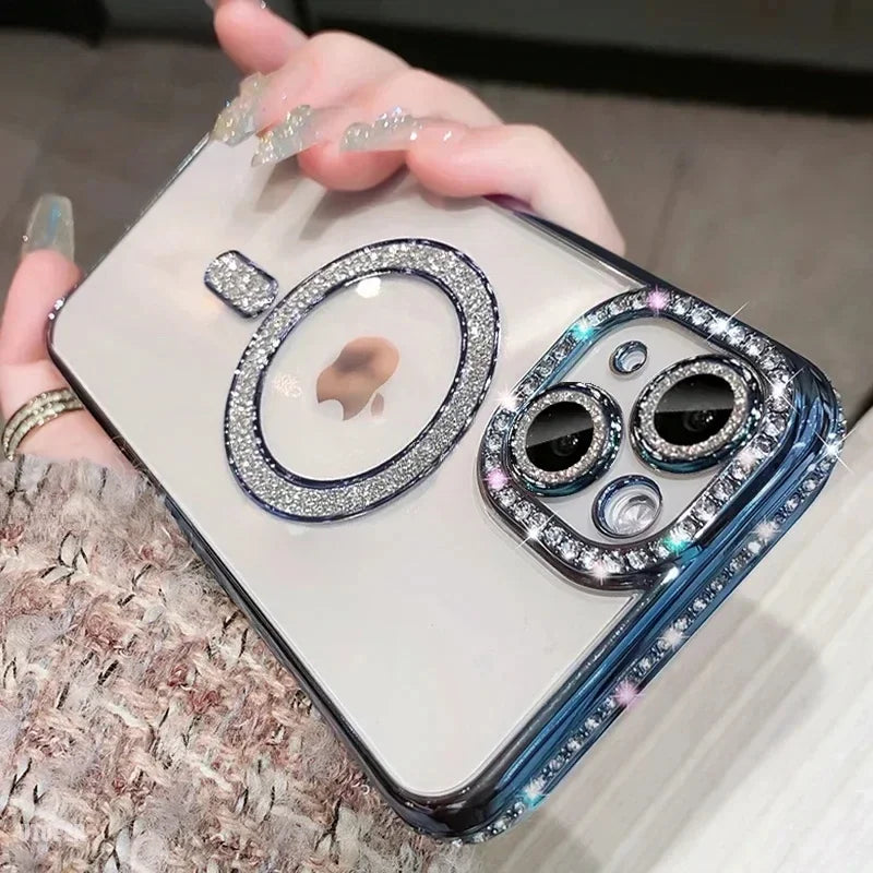 Luxury Crystal Phone Case For iPhone, MagSafe Magnetic and Wireless Charging, Clear Cover, Camera Lens Protection