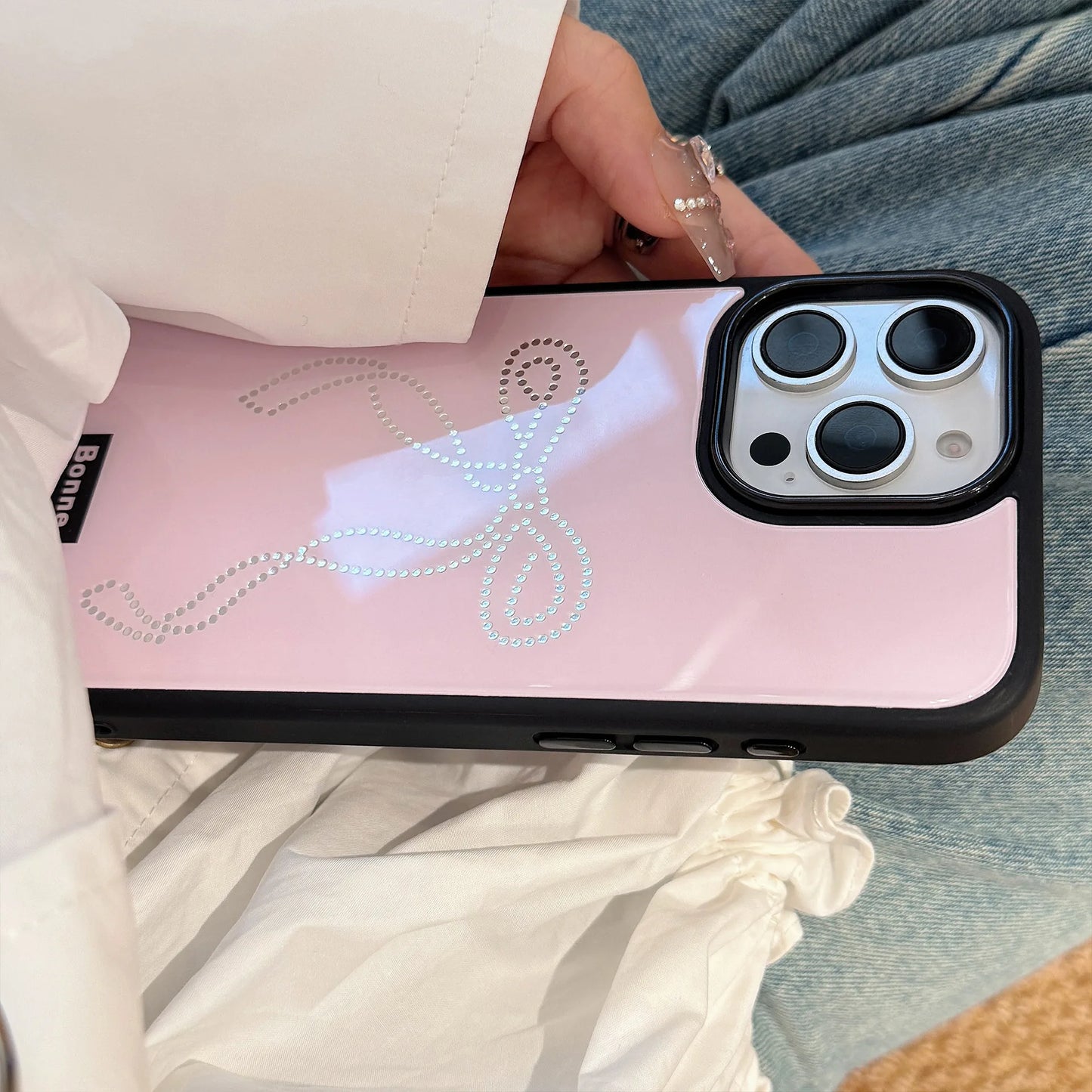 High Quality Glossy Pink Phone Case for iPhone, Shockproof Resistant, Bow Design, Hard Cover Phone Case