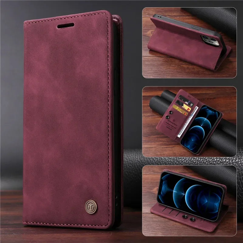 Premium Leather iPhone Case, Magnetic Leather, All Around Protection Phone Case with Card Stand, Shock-proof Resistant