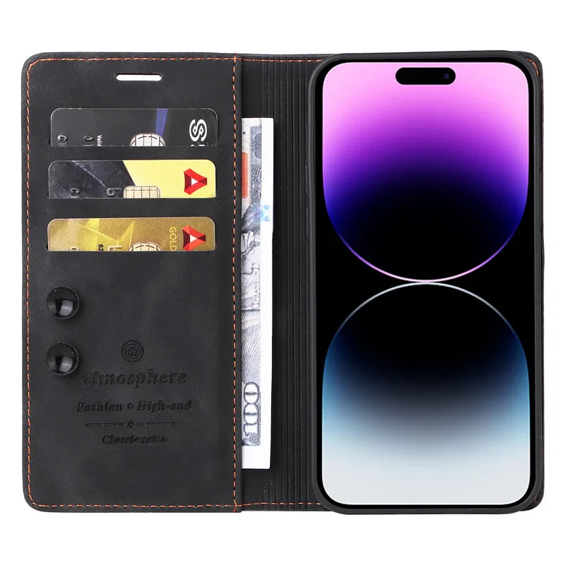 Premium Leather iPhone Case, Magnetic Leather, All Around Protection Phone Case with Card Stand, Shock-proof Resistant