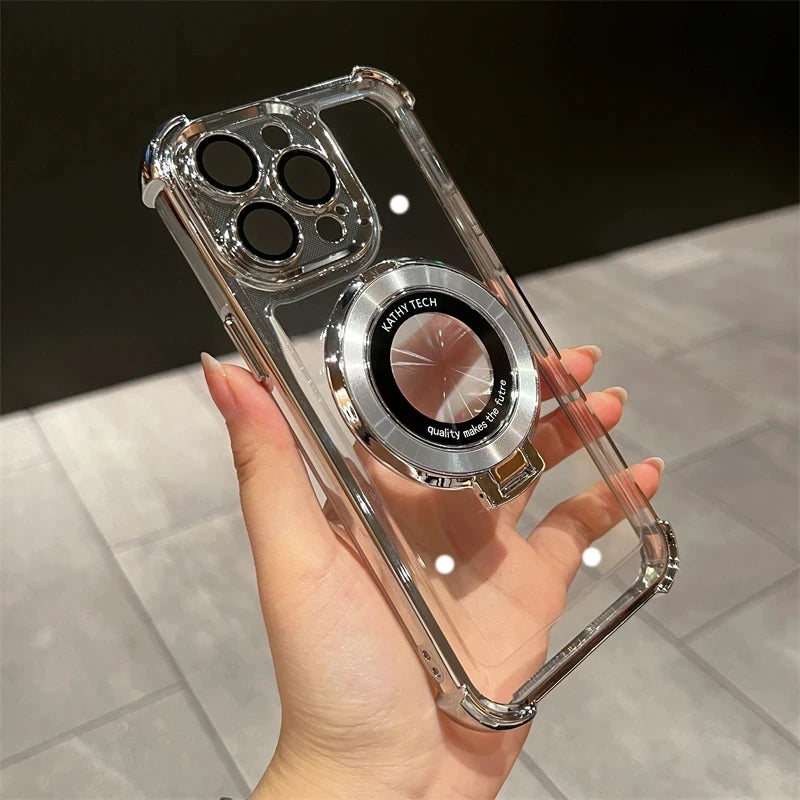 Premium Wireless Charging Case with Ring Bracket, Transparent Case with Magnetic Bumper Cover