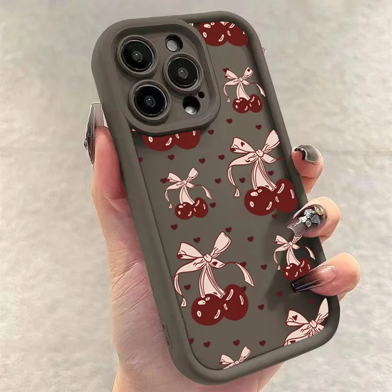 High Quality Silicone Phone Case, Pink Bow and Cherry Blossom, All Around Protection Phone Case, Camera Lens Protection Phone Case