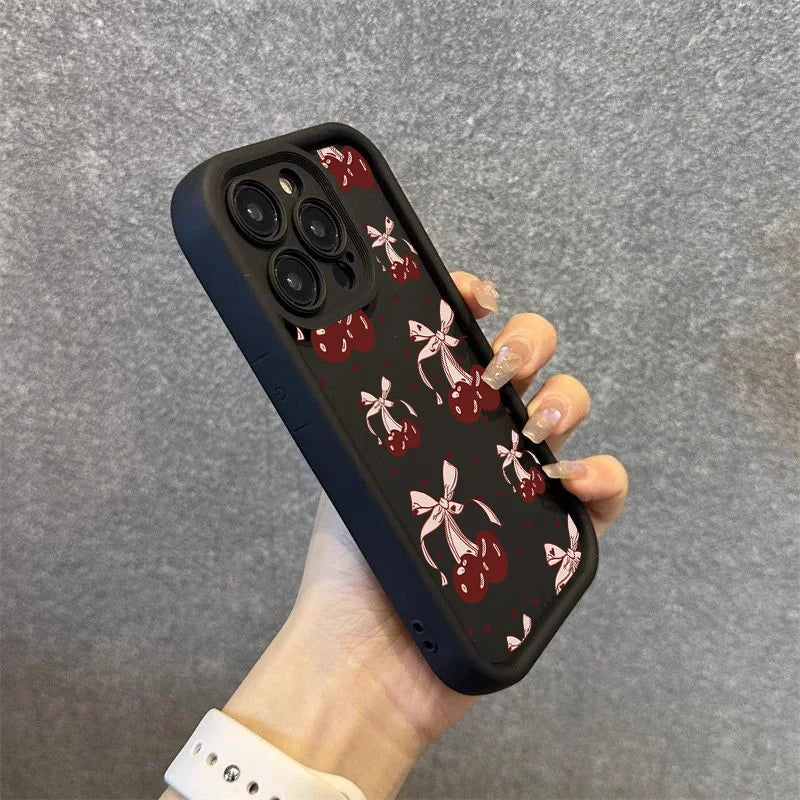 High Quality Silicone Phone Case, Pink Bow and Cherry Blossom, All Around Protection Phone Case, Camera Lens Protection Phone Case