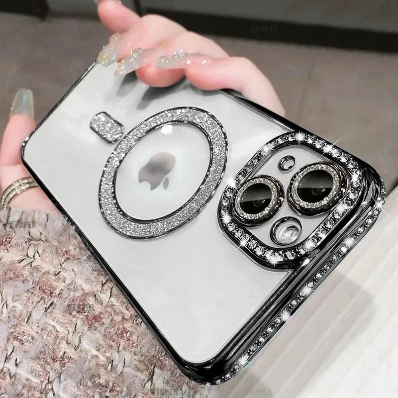 Luxury Crystal Phone Case For iPhone, MagSafe Magnetic and Wireless Charging, Clear Cover, Camera Lens Protection