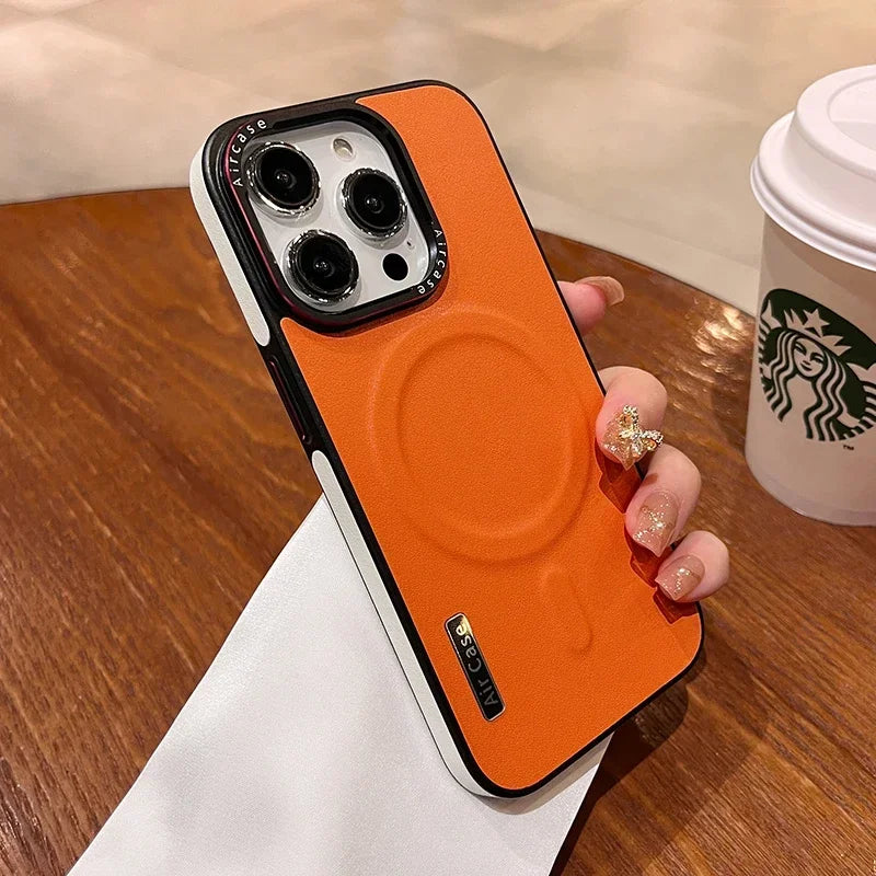 Luxury Matte Leather, Magnetic and Wireless Charging for MagSafe, Shockproof Bumper Cover