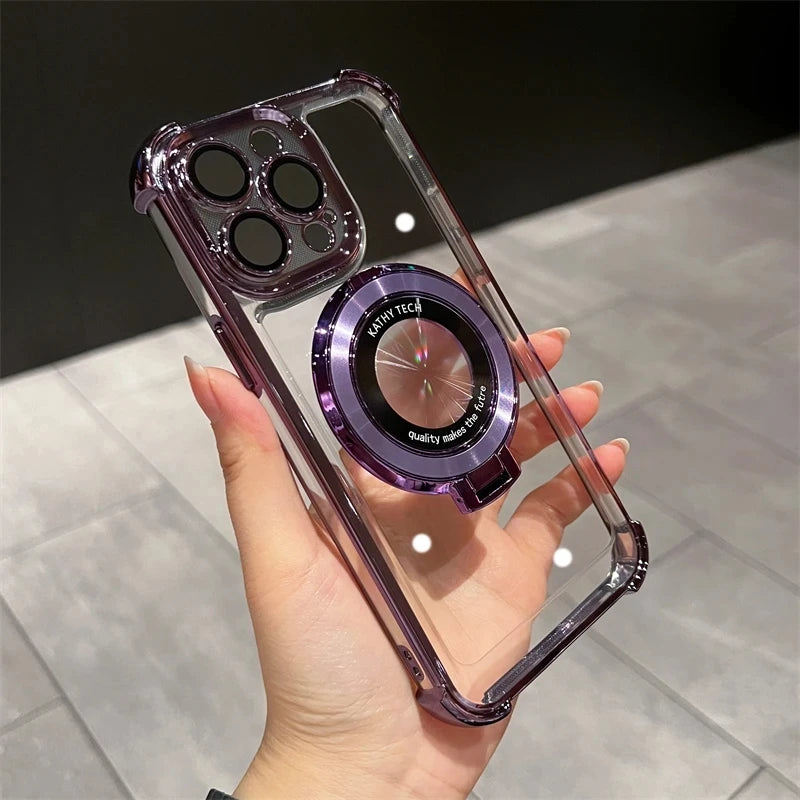 Premium Wireless Charging Case with Ring Bracket, Transparent Case with Magnetic Bumper Cover