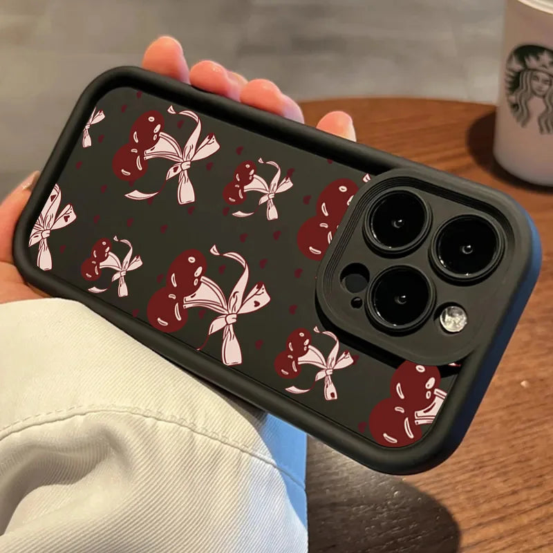 High Quality Silicone Phone Case, Pink Bow and Cherry Blossom, All Around Protection Phone Case, Camera Lens Protection Phone Case