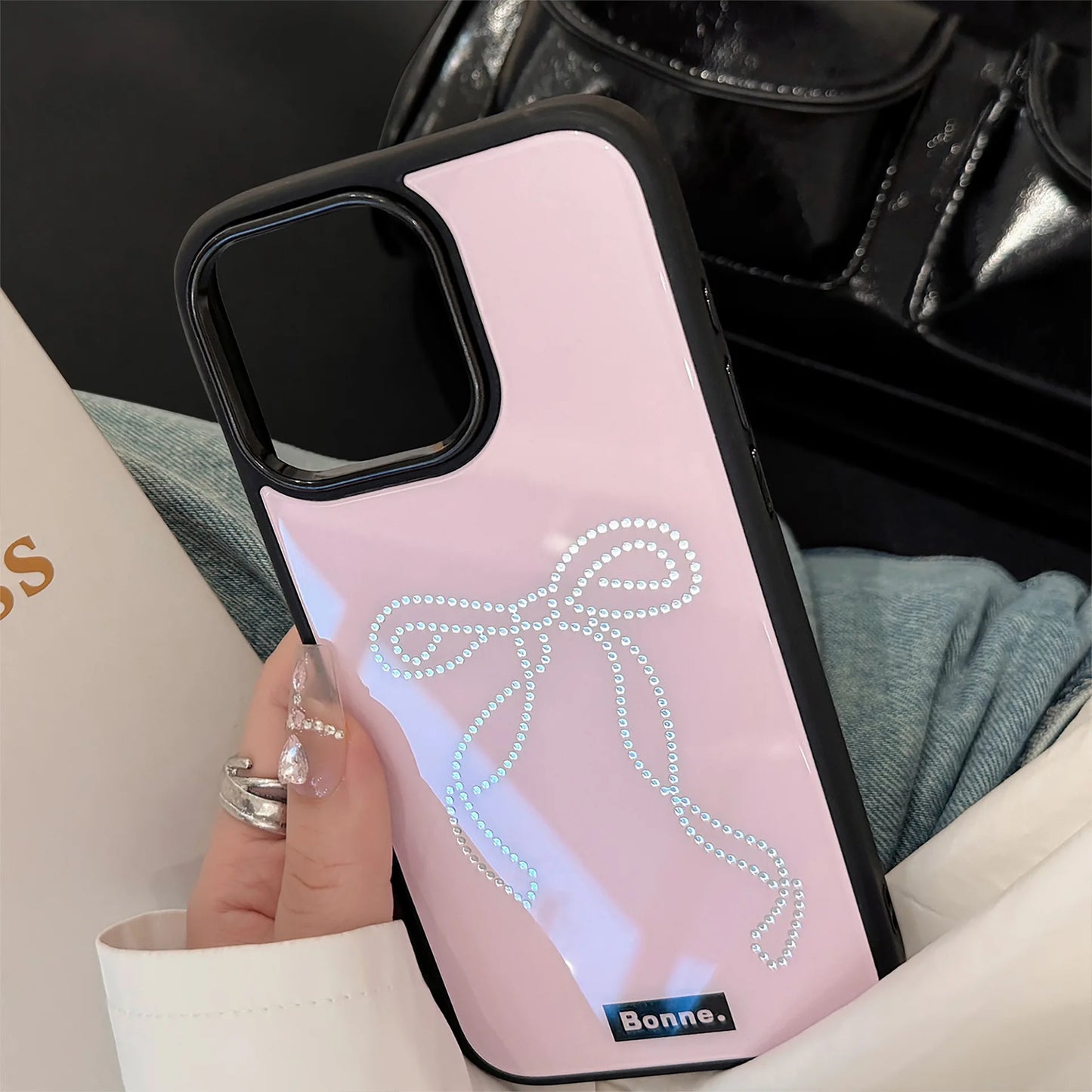 High Quality Glossy Pink Phone Case for iPhone, Shockproof Resistant, Bow Design, Hard Cover Phone Case